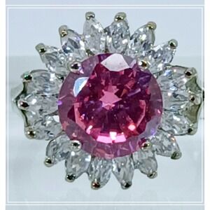 Rare New Vintage 1990's‎ Glam Pink Sim Diamond CZ Cluster Cocktail Ring Size 7.5